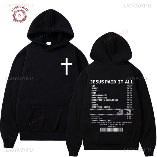 Salvation Jesus Paid It All Printing Hoodies Christian Bible Verse Unisex Clothing Hip Hop Vintage Sweatshirts Comfort Pullovers